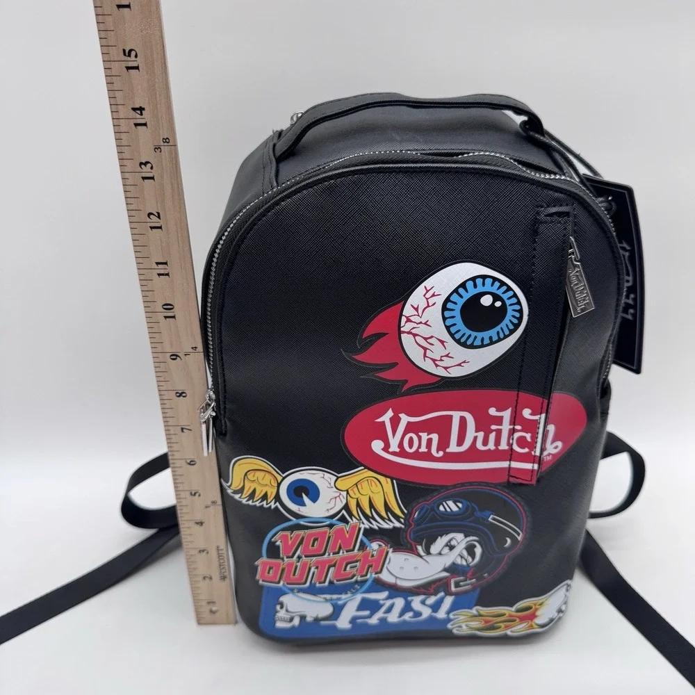 Von Dutch Sticker Logo Backpack Black Faux Leather Y2K VDKBP-028 NWT